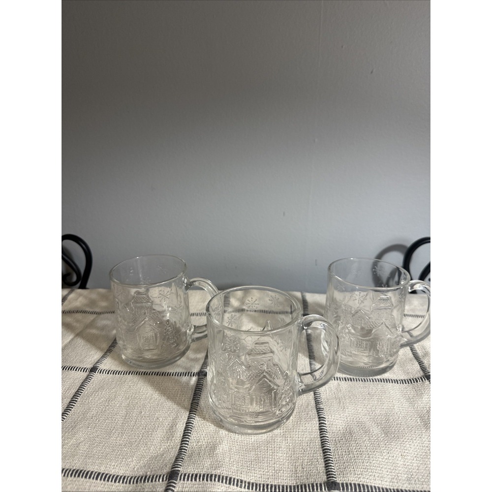 Set of 3 Arcoroc France Clear Glass Mugs Christmas Cottage Holiday Trees Snow 4"